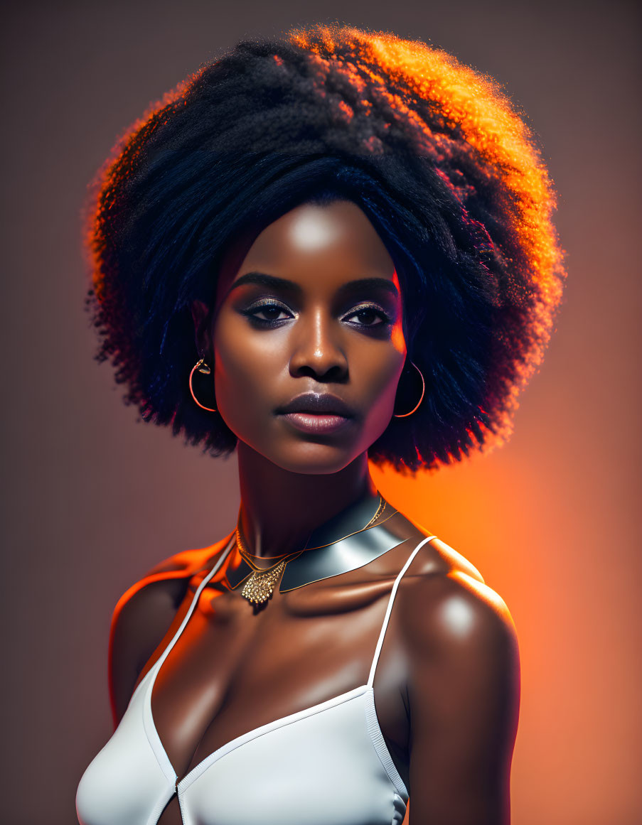 Woman with Orange Afro Hairstyle in White Top and Silver Accessories