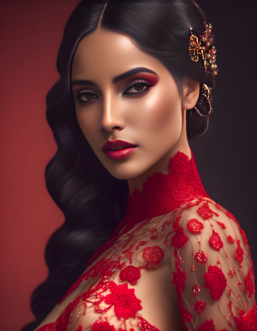 Woman with Red Lips and Gold Hairpiece in Sheer Red Outfit