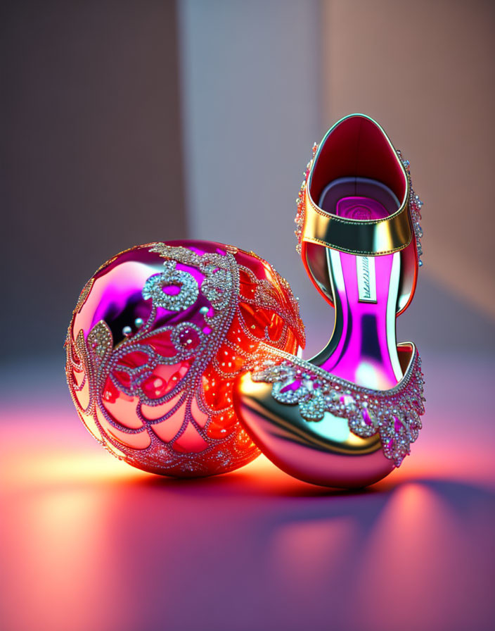 Colorful gemstone high heel and matching decorative bauble in pink and purple light