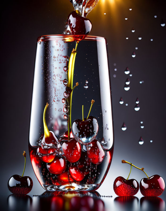 Cherries falling into glass of water with splashes and bubbles on gradient backdrop.