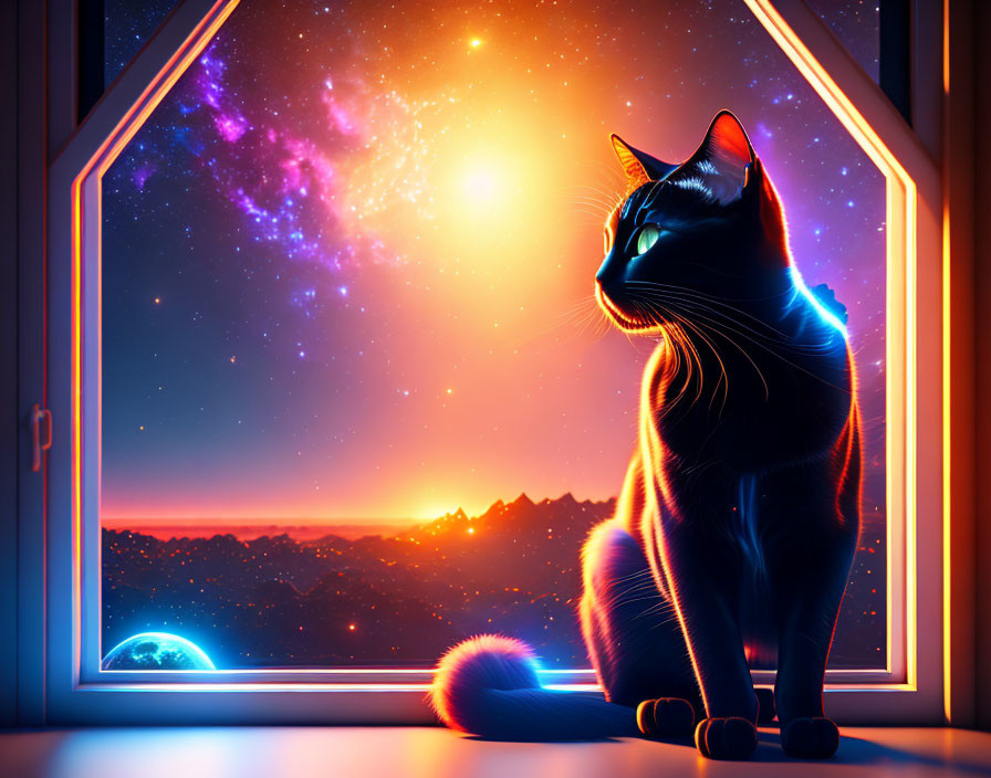 Black cat on windowsill gazes at cosmic skyline with stars, sun, and planet