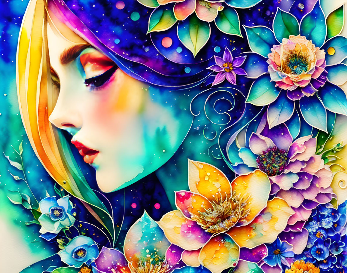 Colorful woman's profile with floral and cosmic patterns in hair