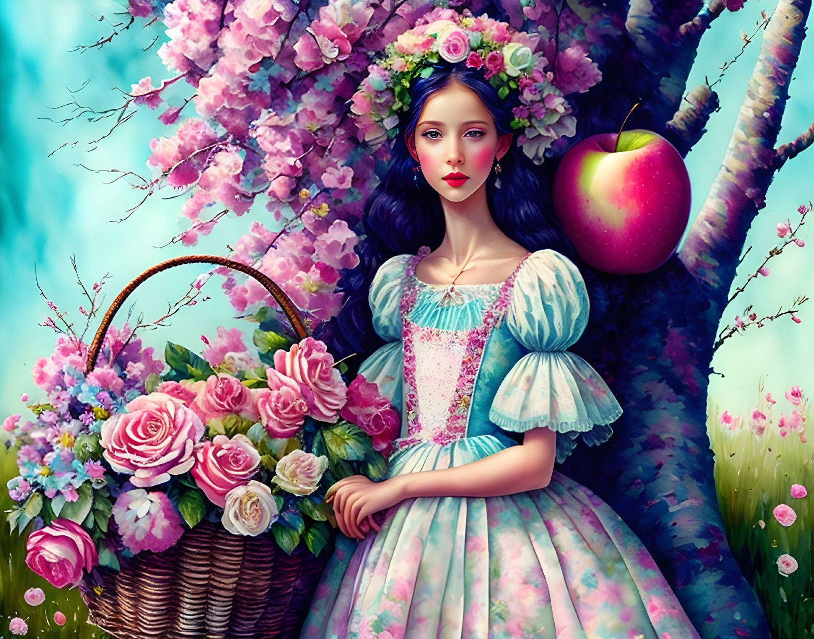 Illustration of woman in floral dress with flower crown, basket, blooming tree, giant apple