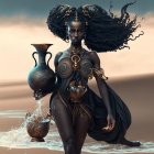 Futuristic armor woman with afro hair and metallic horse art