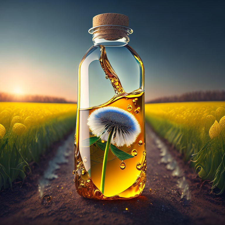 Dandelion preserved in amber-like substance in bottle against sunset over blooming field