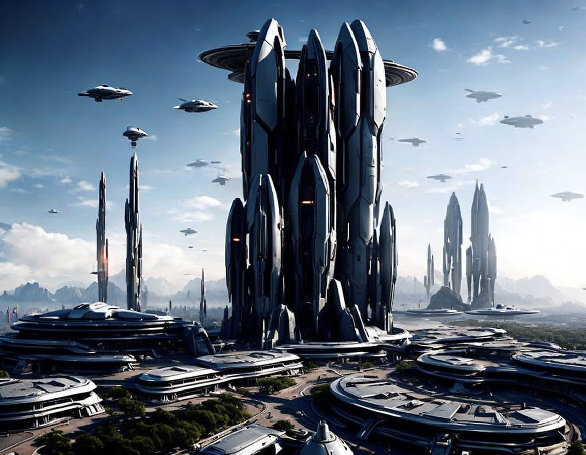 Futuristic cityscape with skyscrapers, flying vehicles, mountains, blue sky.