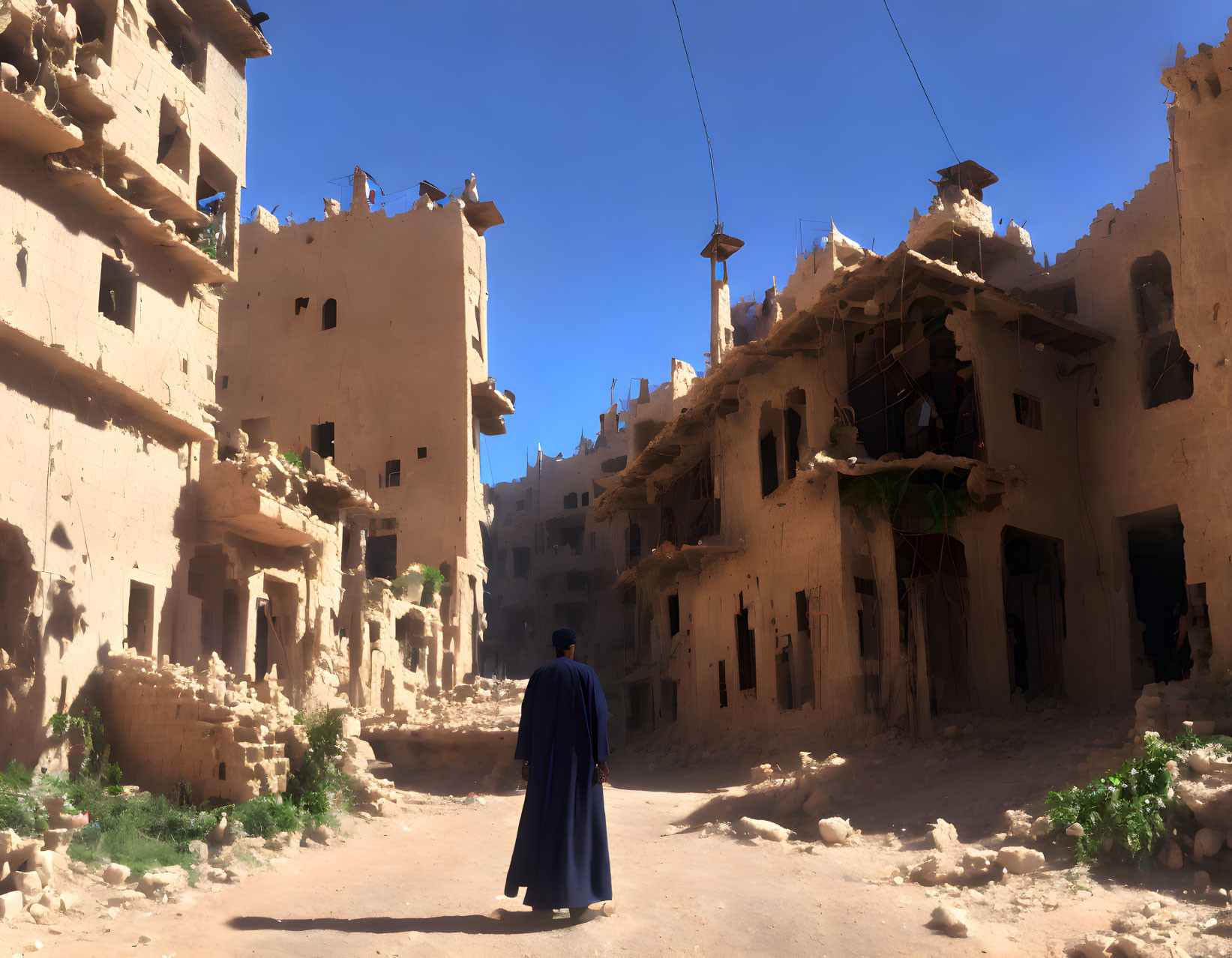 Person in Traditional Attire Walking in Sunlit Ancient Alley