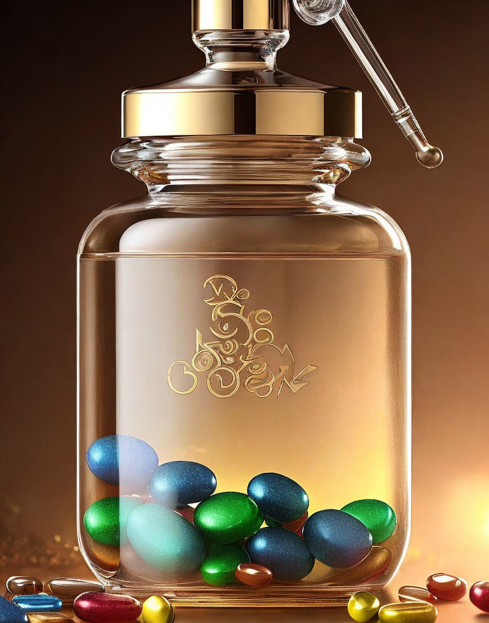 Glass Perfume Bottle with Golden Cap and Colorful Capsules on Warm Background