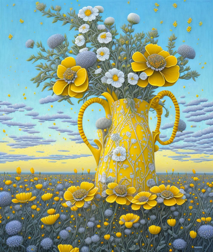 Colorful painting of yellow vase with flowers against blue sky