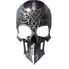 Metallic Skull with Engravings, Blue Gemstone Eyes, Dragons, and Sword Motifs