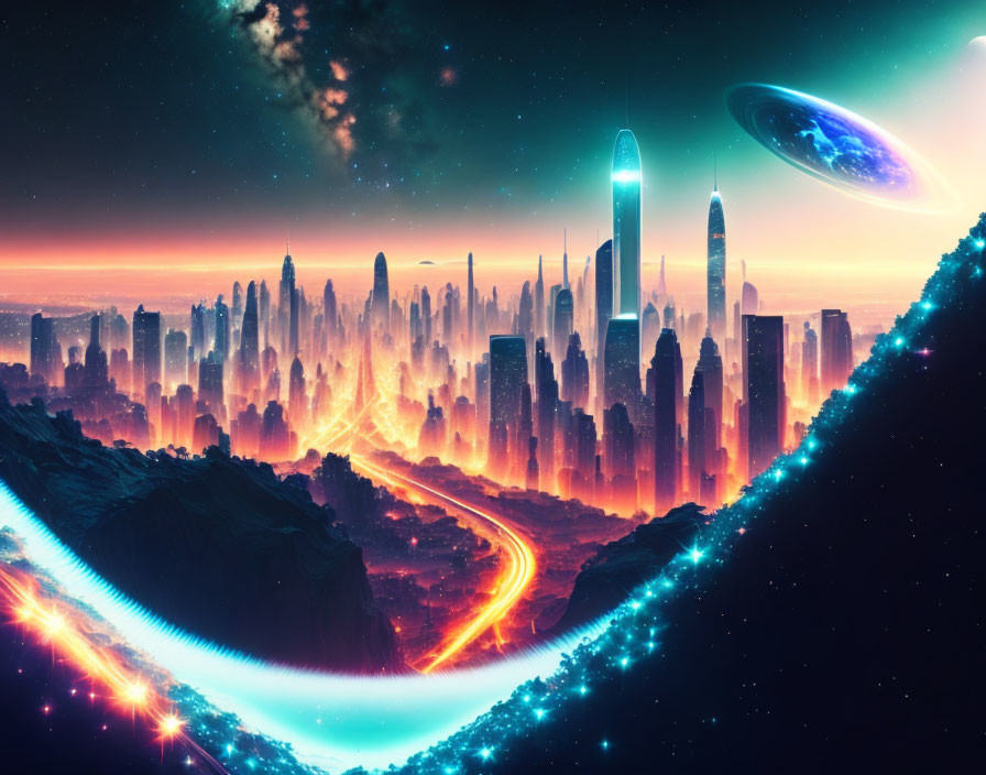 Futuristic cityscape with neon lights and celestial bodies