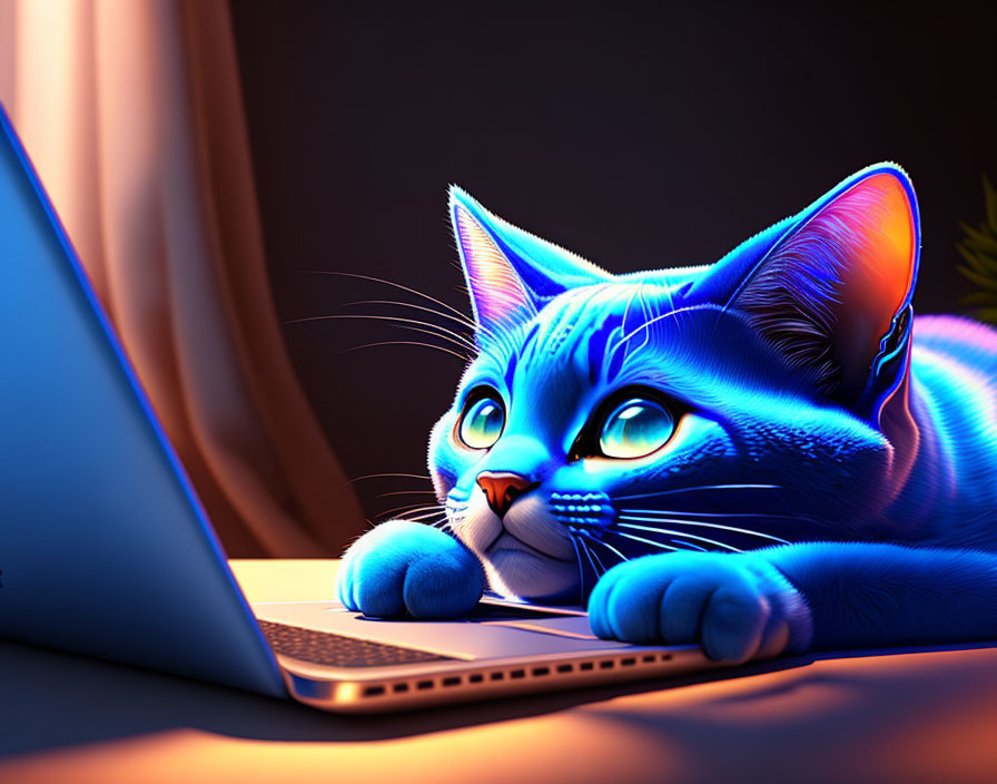 Stylized neon blue digital art cat gazing at laptop screen