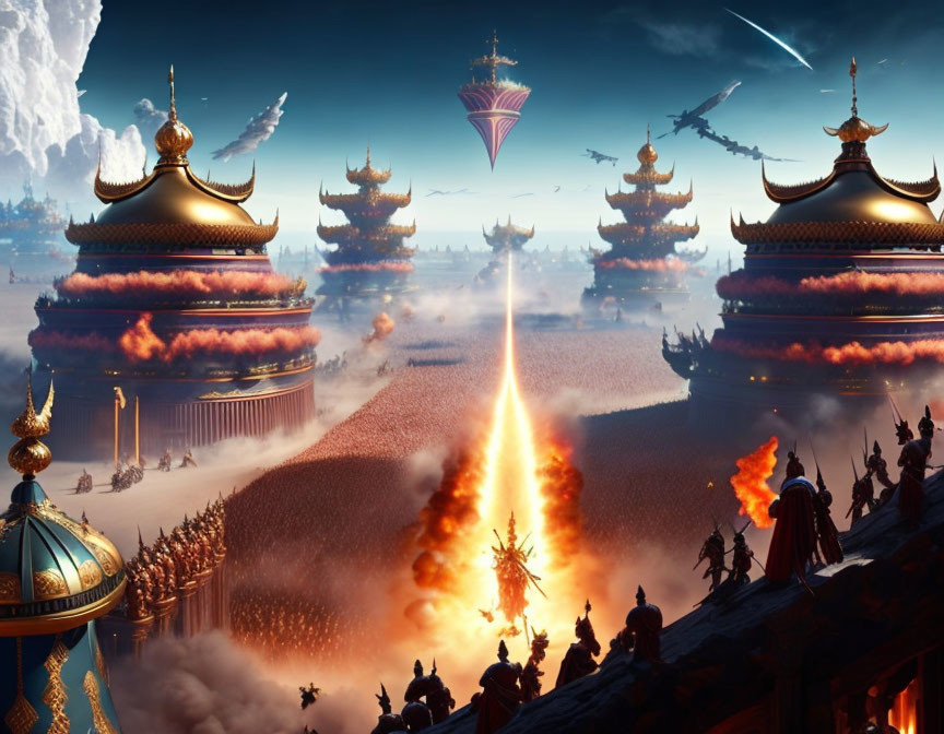 Army in front of golden towers with rocket launch and spaceships in fantasy scene