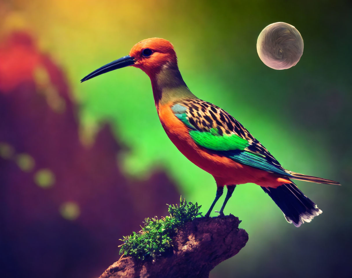 Colorful Bird on Mossy Branch with Green Landscape and Glowing Moon