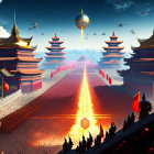 Army in front of golden towers with rocket launch and spaceships in fantasy scene