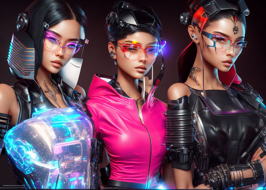 Futuristic women with cybernetic enhancements and stylish eyewear in neon-lit setting