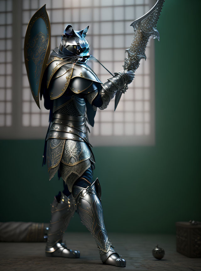 Medieval armor-clad humanoid cat with shield and sword in front of green wall and window