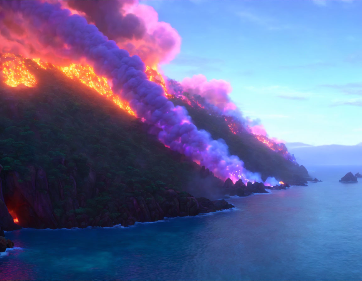 Volcanic eruption with lava flows meeting ocean under purple dusk sky