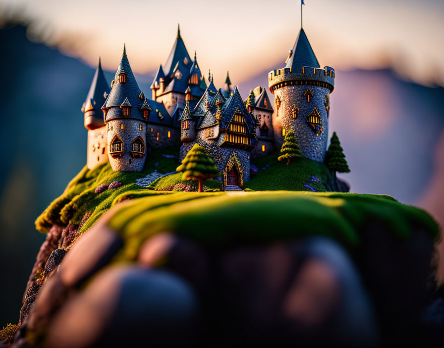 Miniature fairy tale castle with towers and turrets on lush hill at sunset