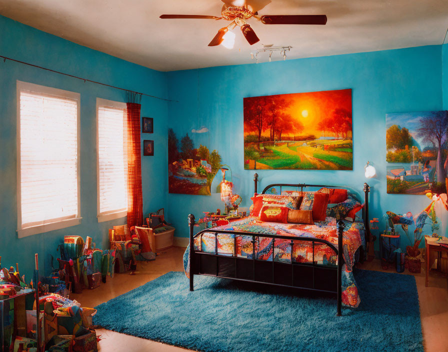 Blue-Walled Bedroom with Landscape Painting, Metal Bed, Toys, Windows, and Ceiling Fan