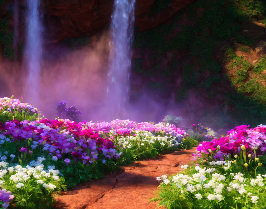 Colorful Flower Garden by Serene Waterfall