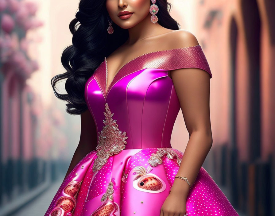 Detailed Illustration of Woman in Vibrant Pink Gown