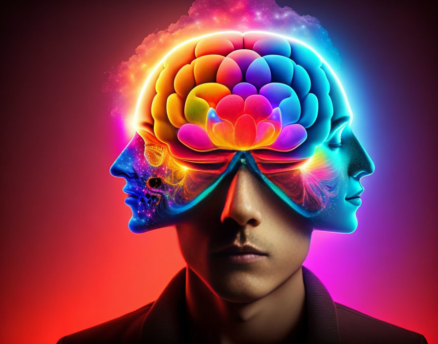 Vibrant, multicolored brain profiles in conceptual image