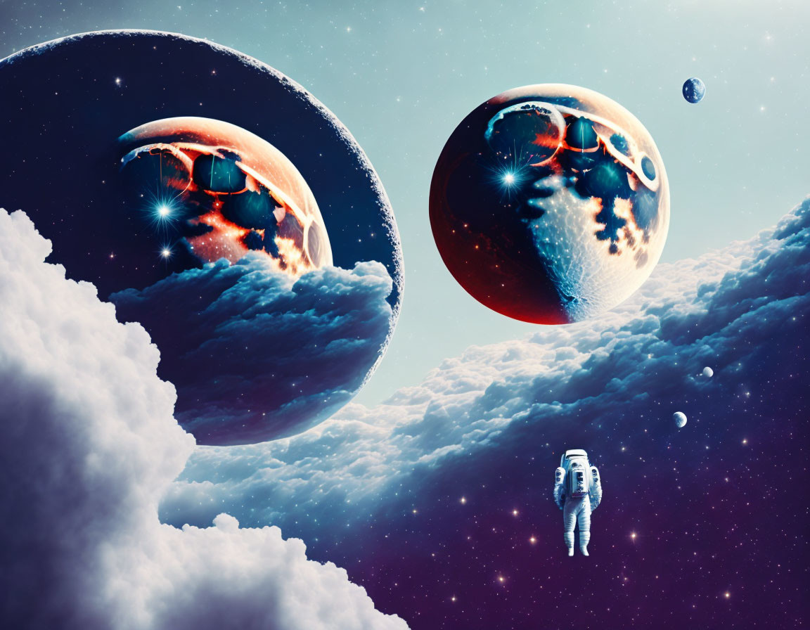 Astronaut surrounded by oversized planets in surreal space scene