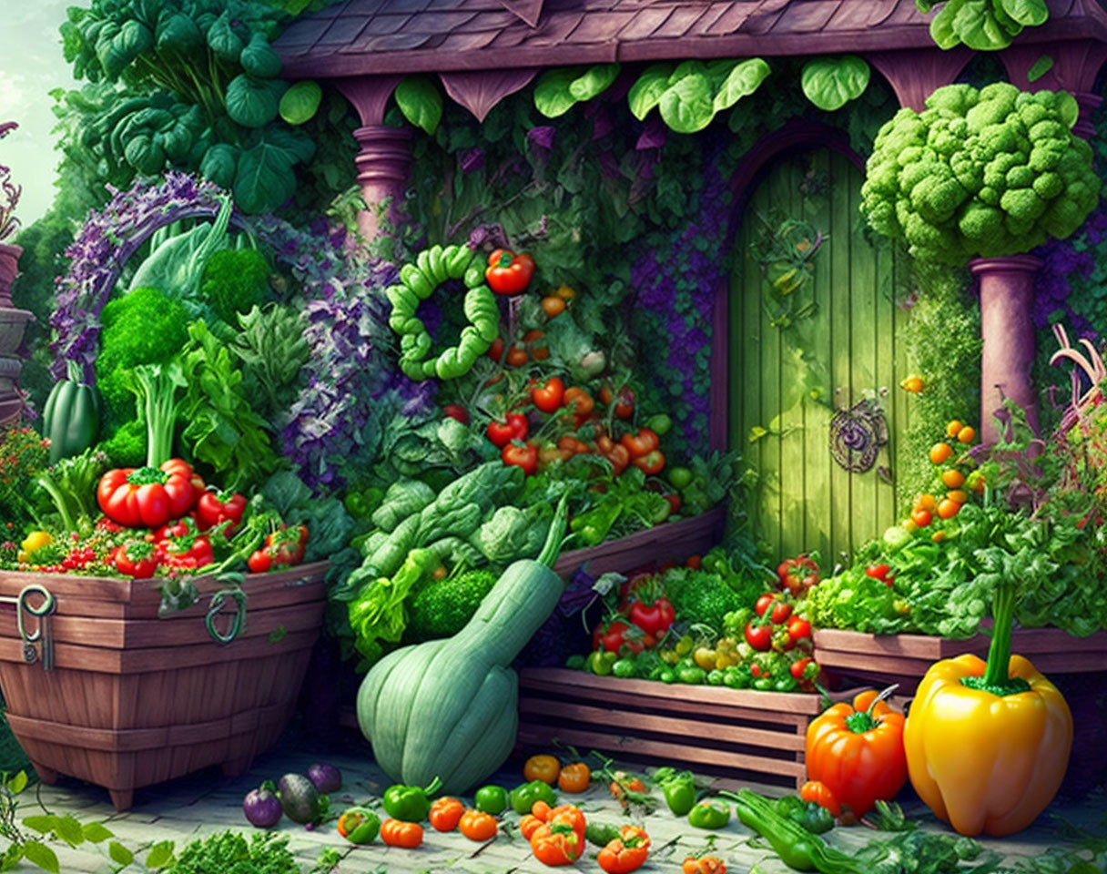 Colorful vegetable garden illustration with green door and various plants.