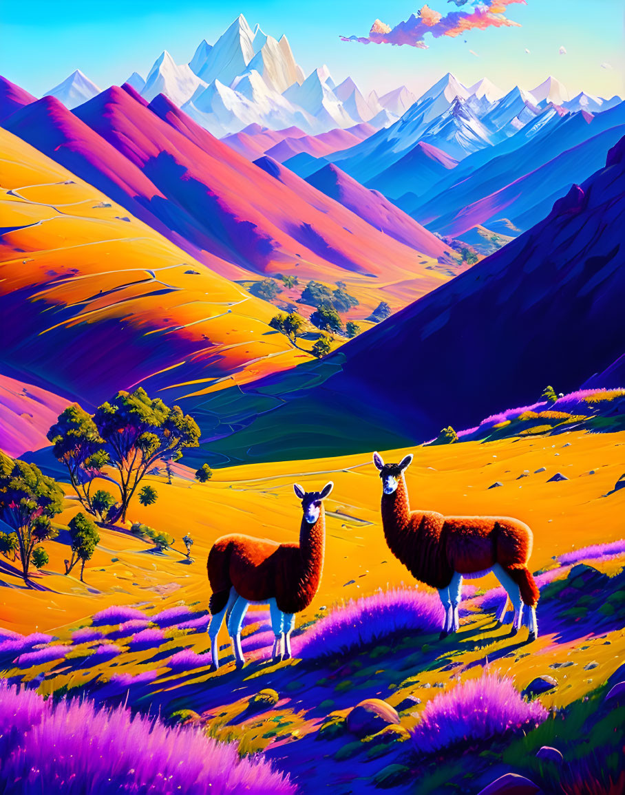 Colorful digital artwork: Two llamas in vibrant landscape