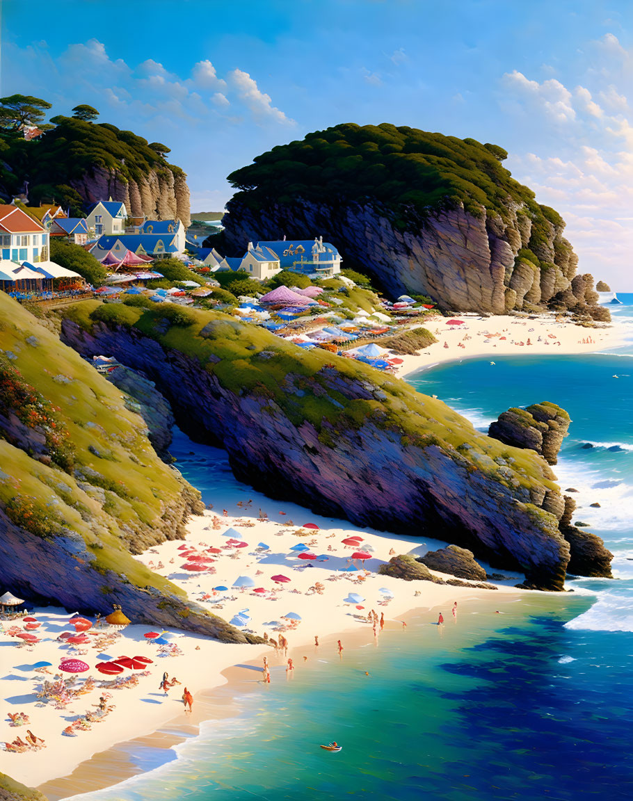 Scenic Beach Scene with Cliff-side Village and Sunbathers