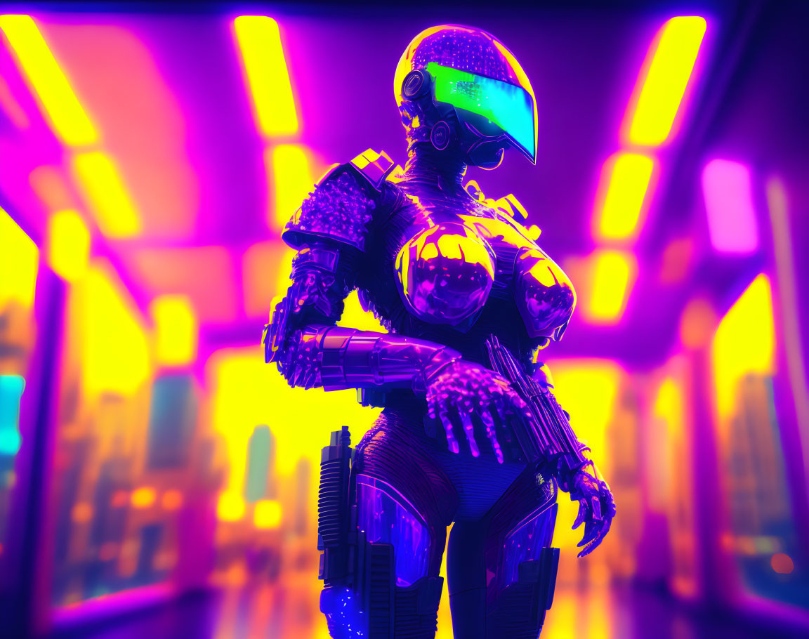 Futuristic female robot with glowing visor in neon-lit cityscape