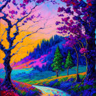 Scenic sunset painting with flower-filled meadow and colorful trees