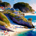 Scenic Beach Scene with Cliff-side Village and Sunbathers