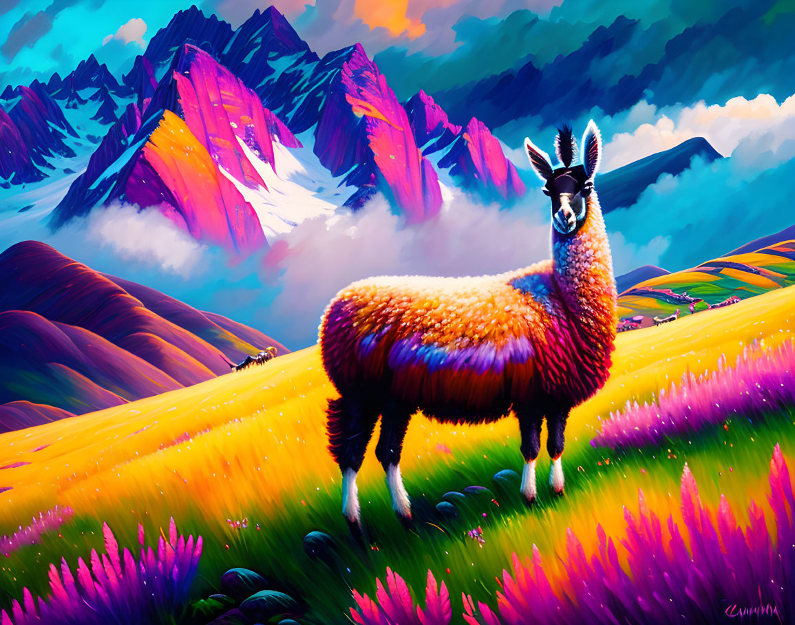 Colorful Fluffy Llama in Flower Meadow with Purple Mountains