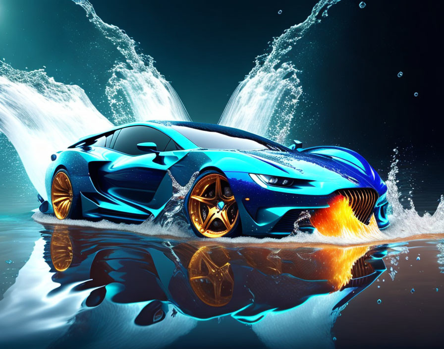 Blue Sports Car with Orange Accents Splashing Through Water