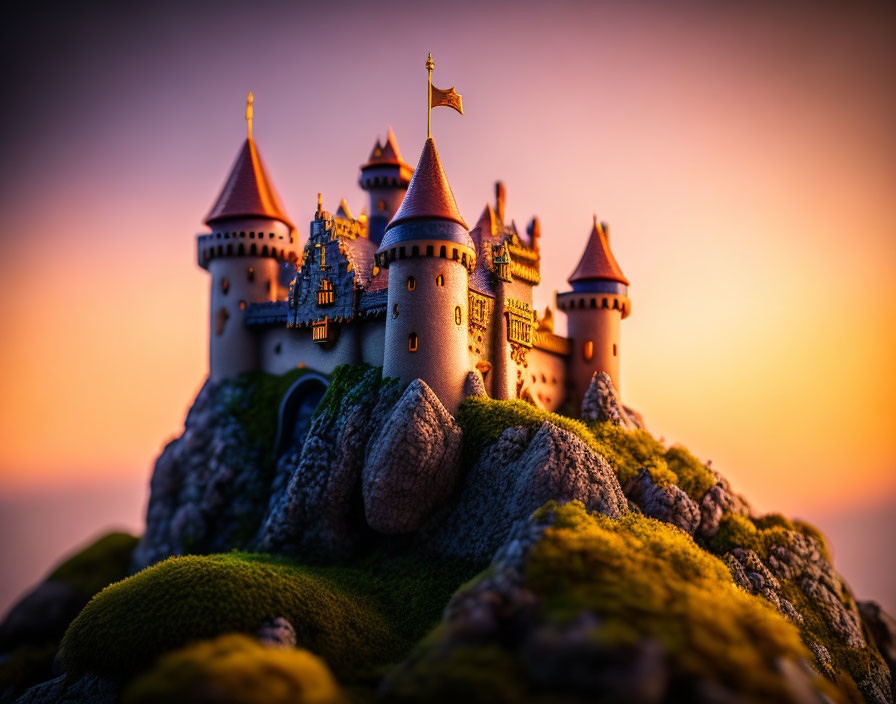 Miniature fantasy castle on rocky hill at twilight with lush green moss