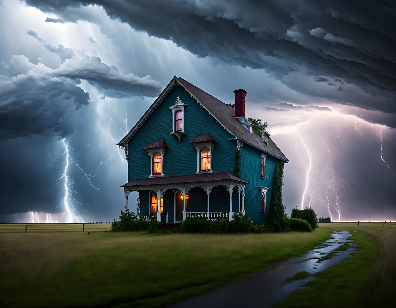 Victorian-style house in stormy weather with lightning.