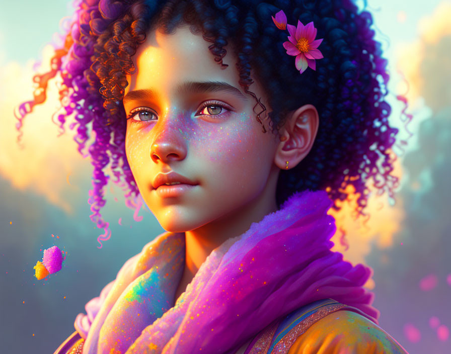 Colorful digital portrait of a young girl with curly hair and a flower in a warm, magical ambiance