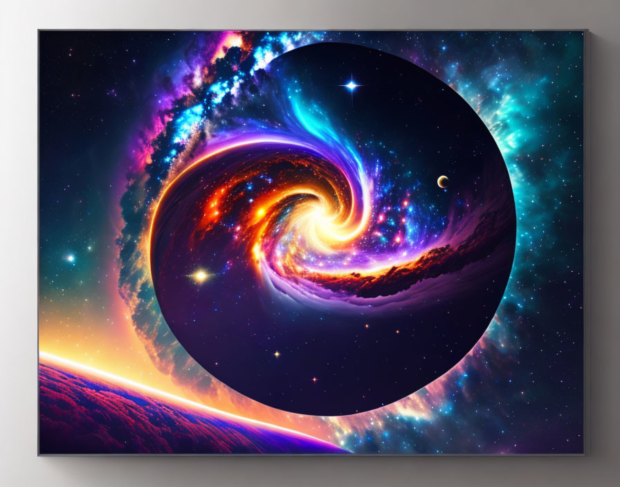 Colorful cosmic spiral galaxy artwork on canvas wall display