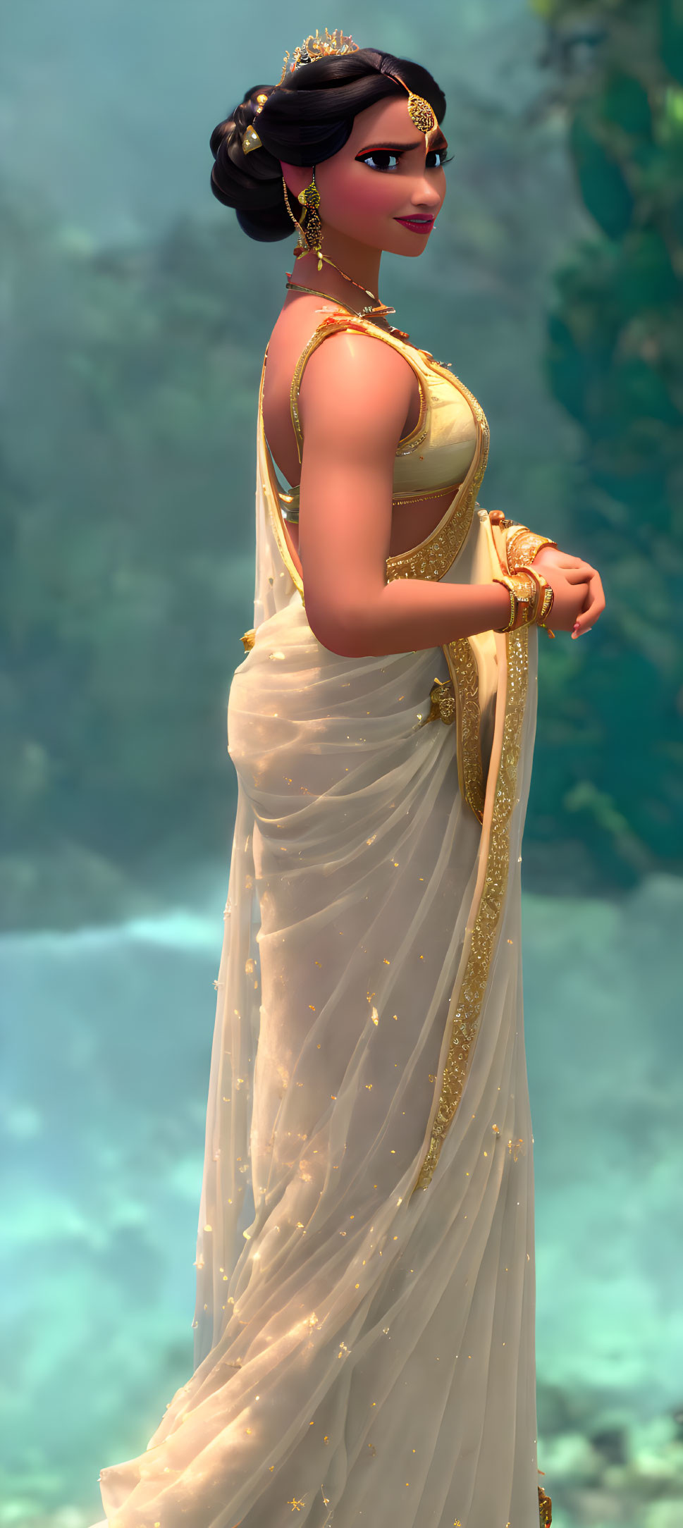 Traditional Indian saree with gold accessories on animated character