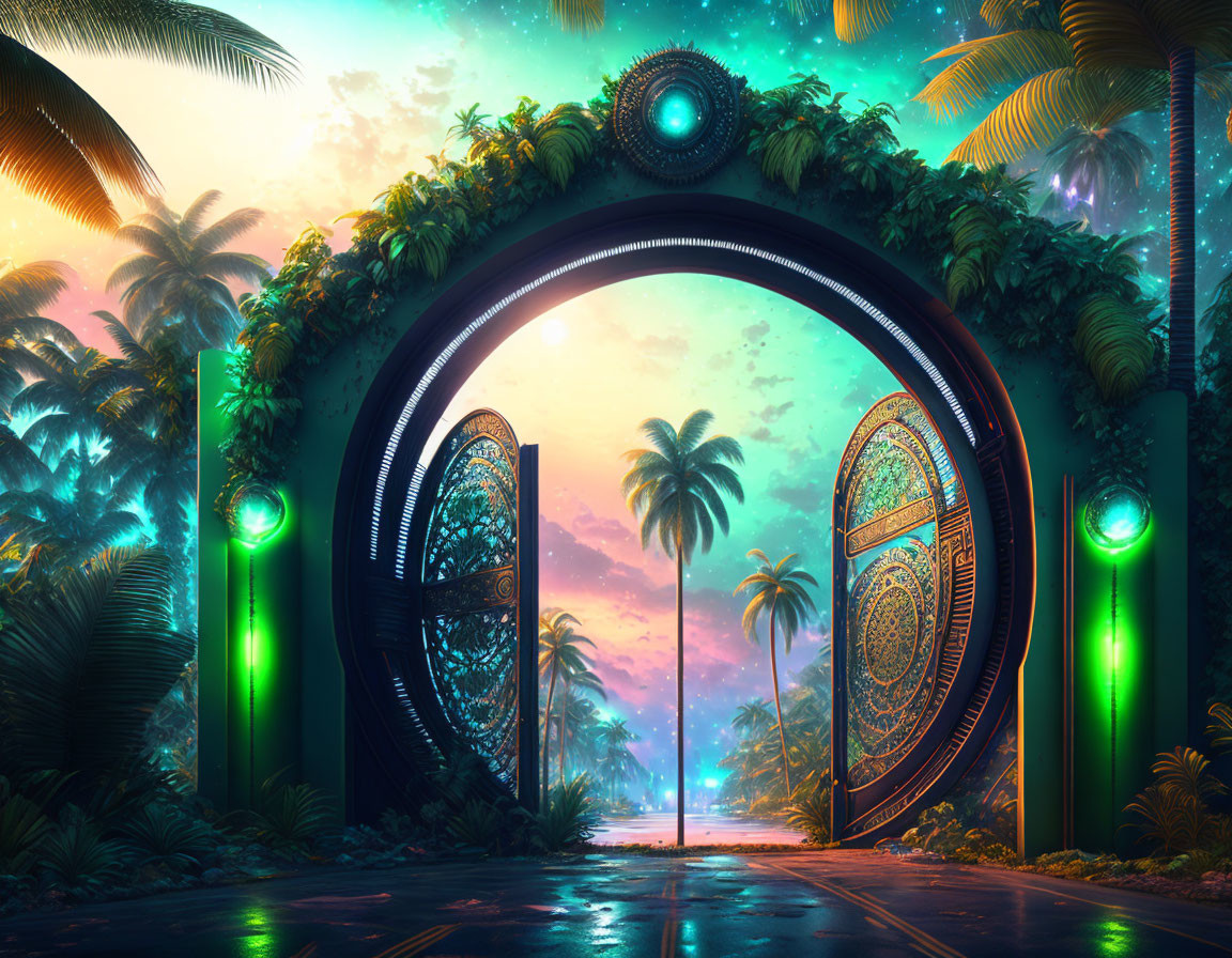 Surreal portal to tropical paradise with palm trees and glowing pillars