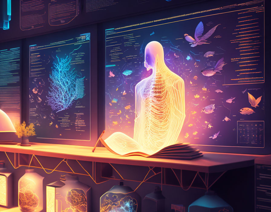 Futuristic study room with holographic displays, glowing book, and illuminated jars