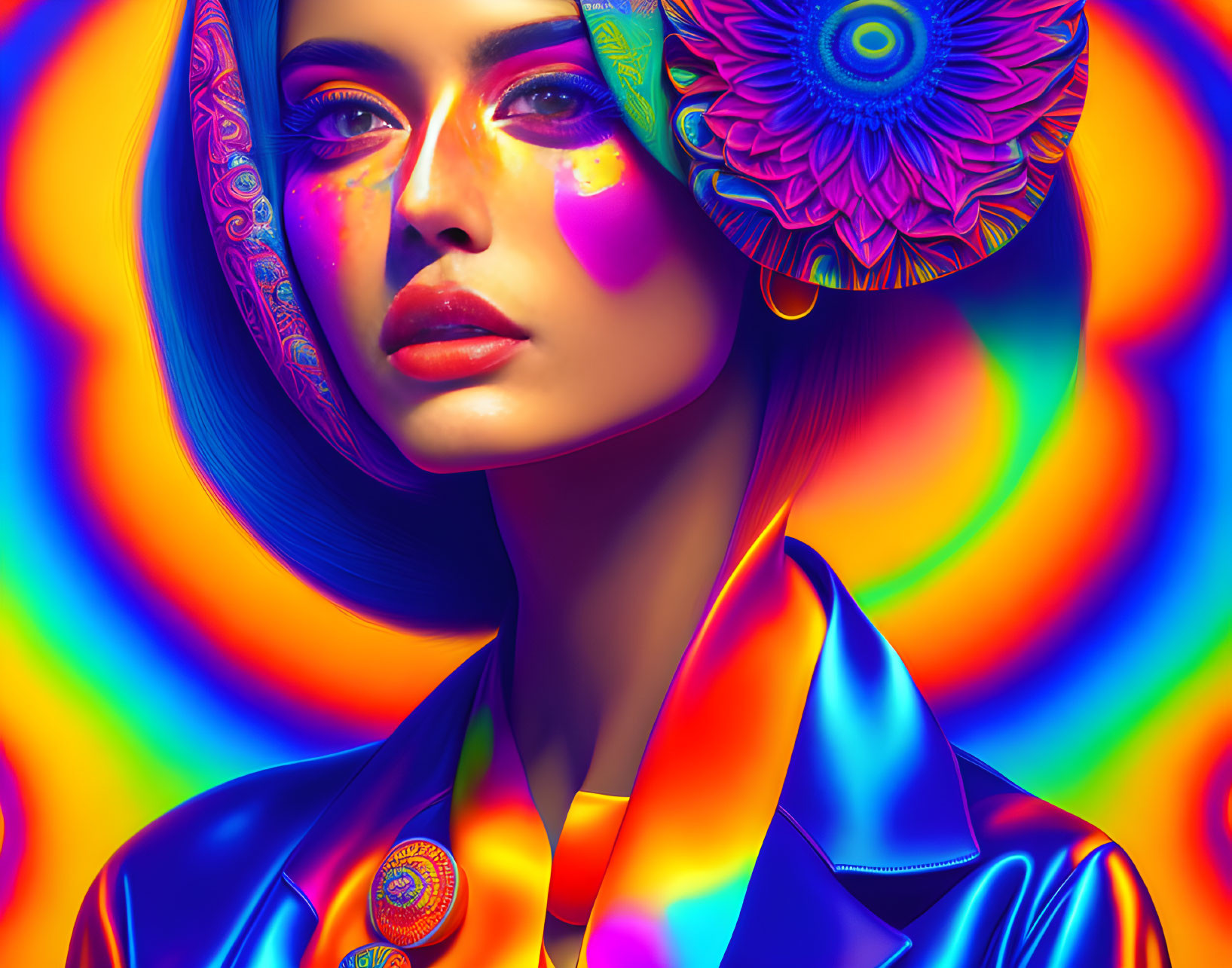 Colorful digital artwork featuring a woman with ornate patterns and psychedelic background