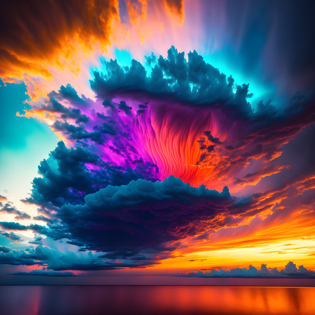 Colorful sunset with dramatic clouds over tranquil water