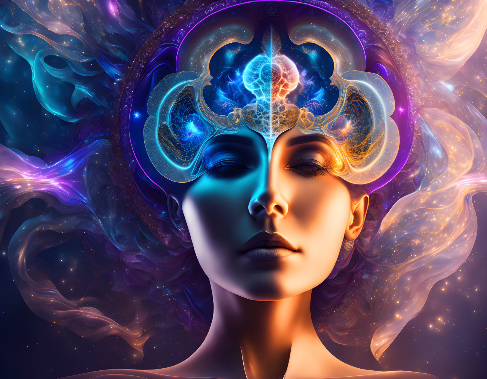 Colorful digital artwork: Woman's face with cosmic brain motif