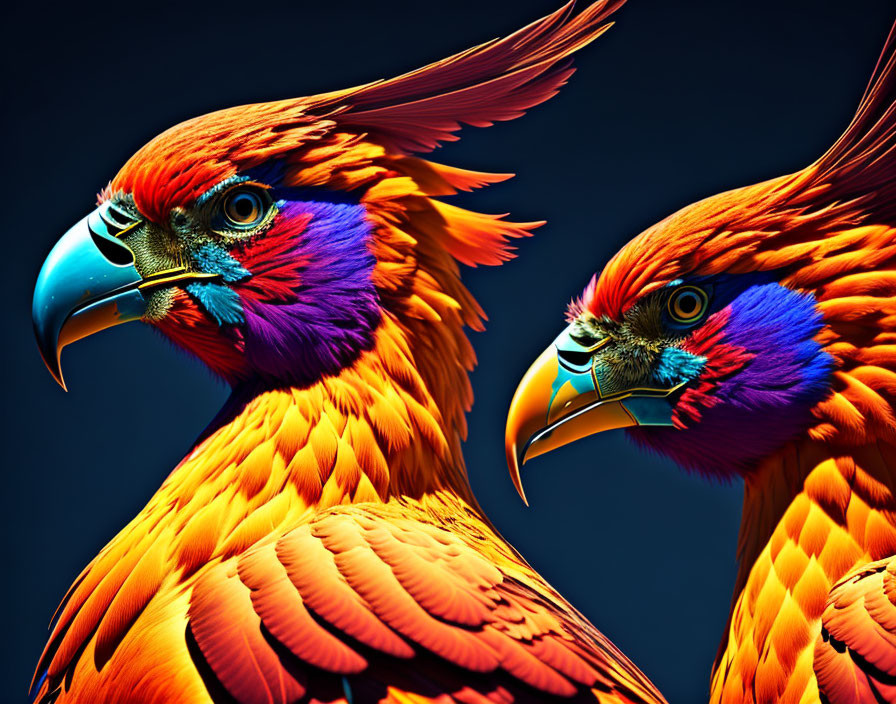 Vibrantly colored parrots with orange feathers and blue heads in close-up view