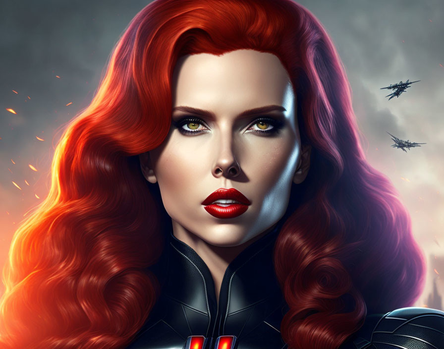 Detailed Red-Haired Woman Illustration in Black Suit with Fiery Gaze