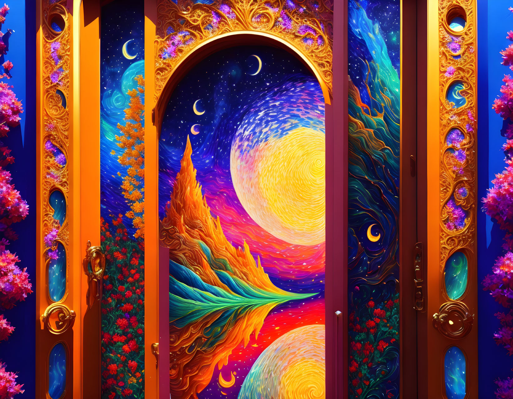 Surreal landscape with starry sky and blossoming trees through ornate golden doors