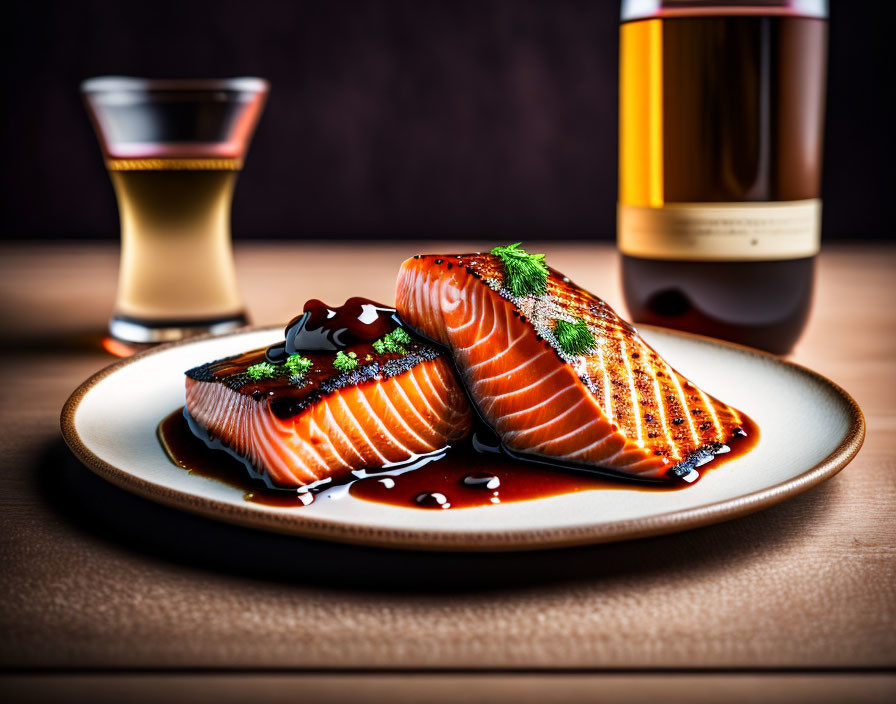 Freshly Grilled Salmon Fillets with Herbs and Sauce on Plate